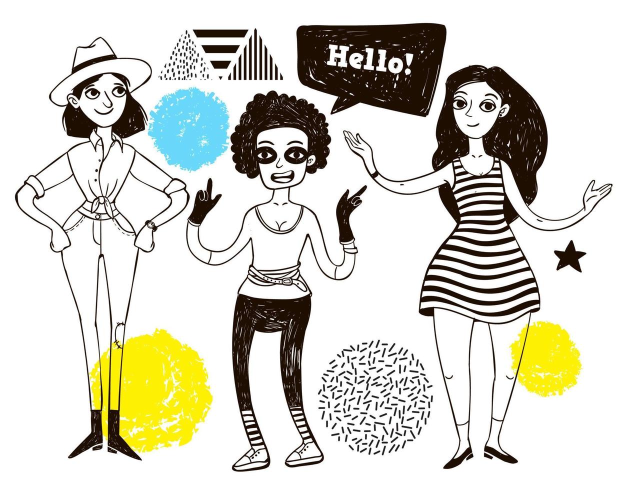 Doodle women and geometric elements. vector