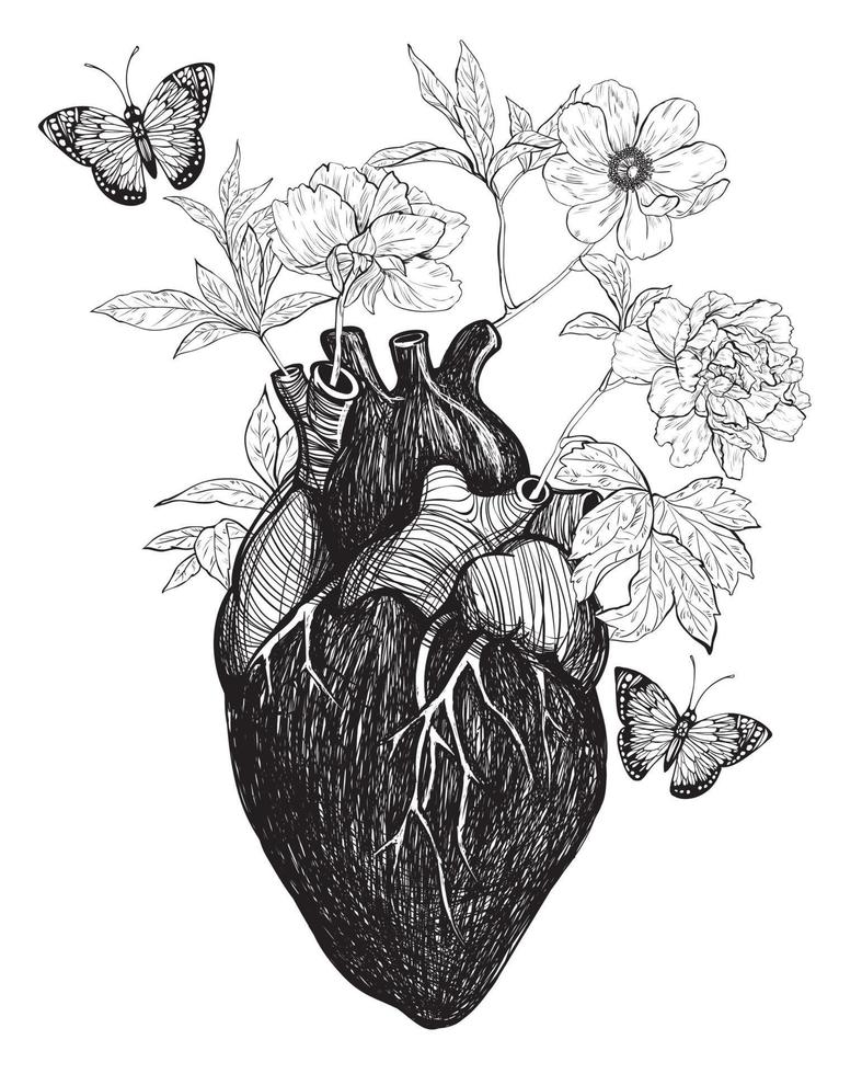 corazón anatómico humano con flores. vector
