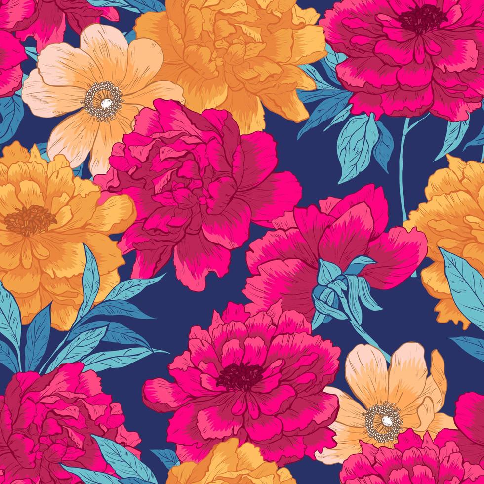 Floral hand drawn seamless pattern with flowers. vector