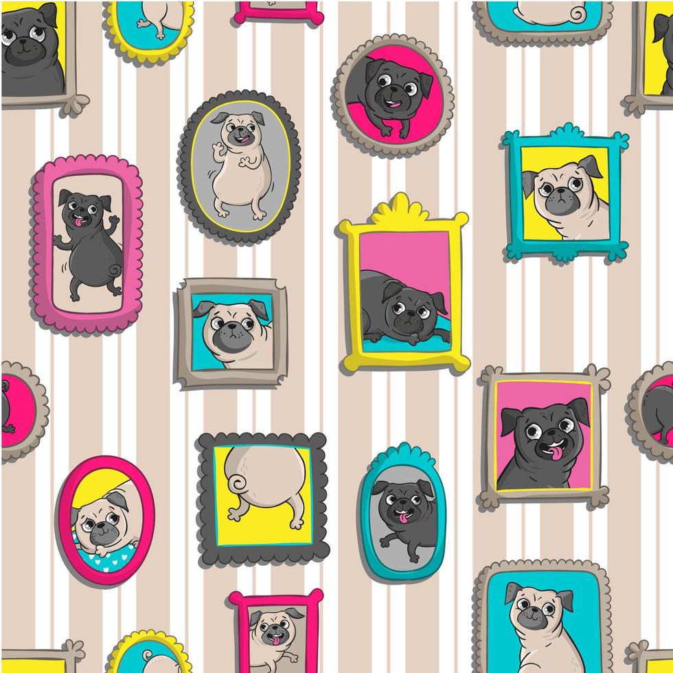 Frames with portraits of pugs. Seamless pattern. vector