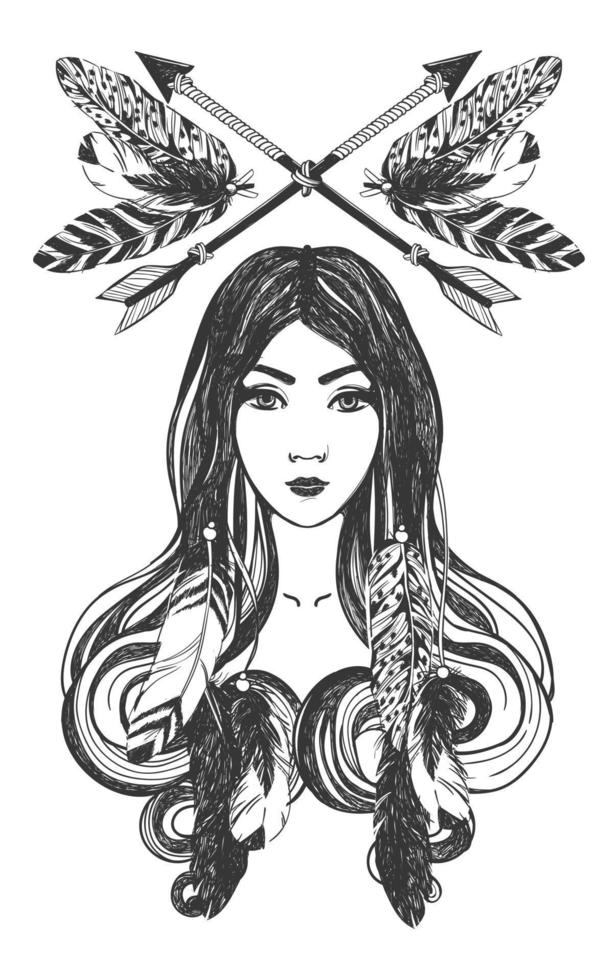Woman with feathers and dreamcatcher. vector