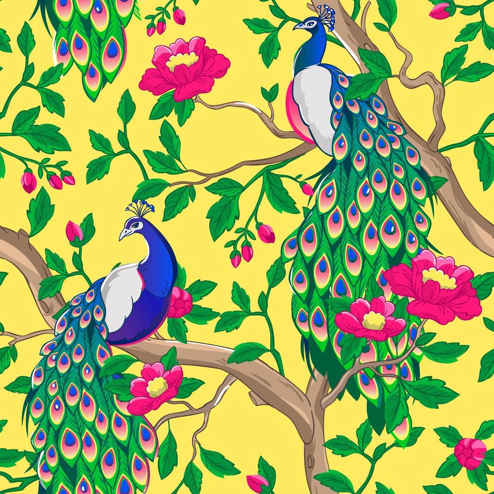 Floral pattern with peacock and pink flowers. vector