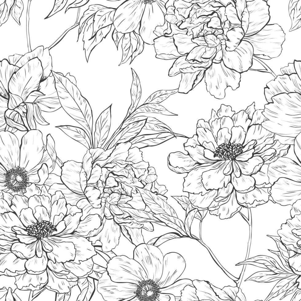 Floral hand drawn seamless pattern with flowers. vector