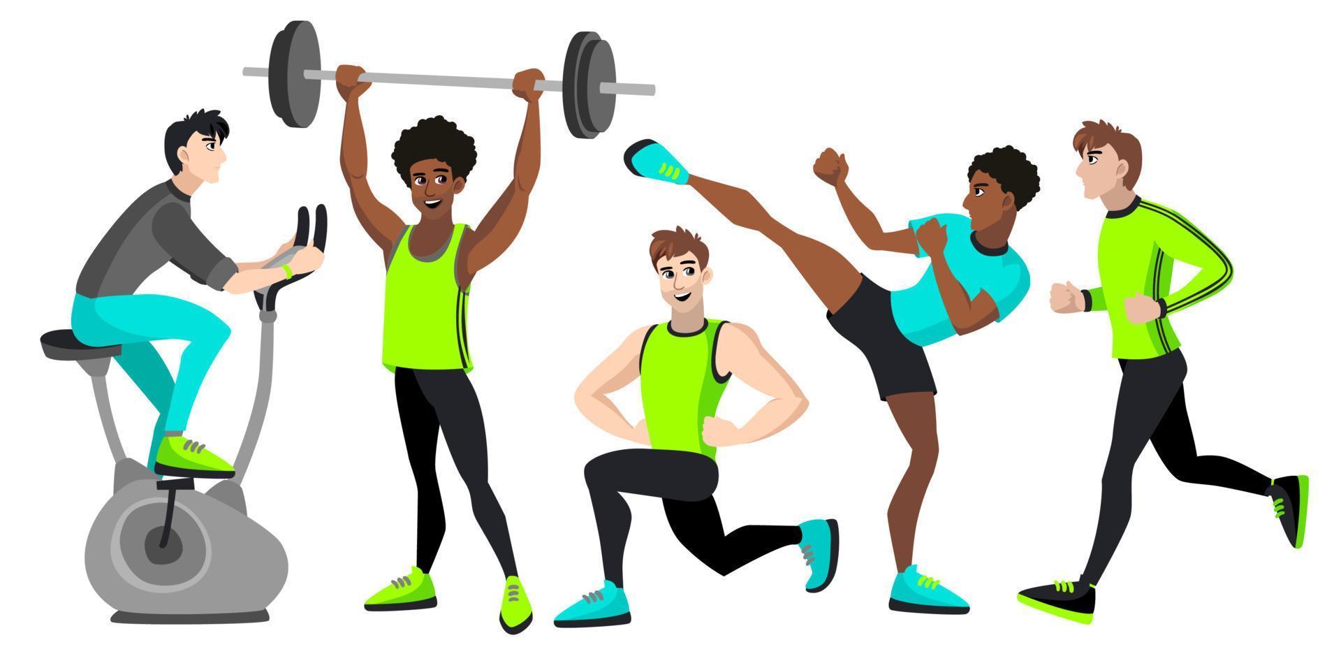 Fitness set with different men. vector