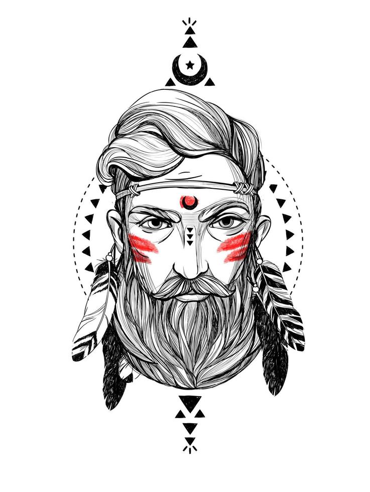Portrait man with feathers and ethnic symbols. vector