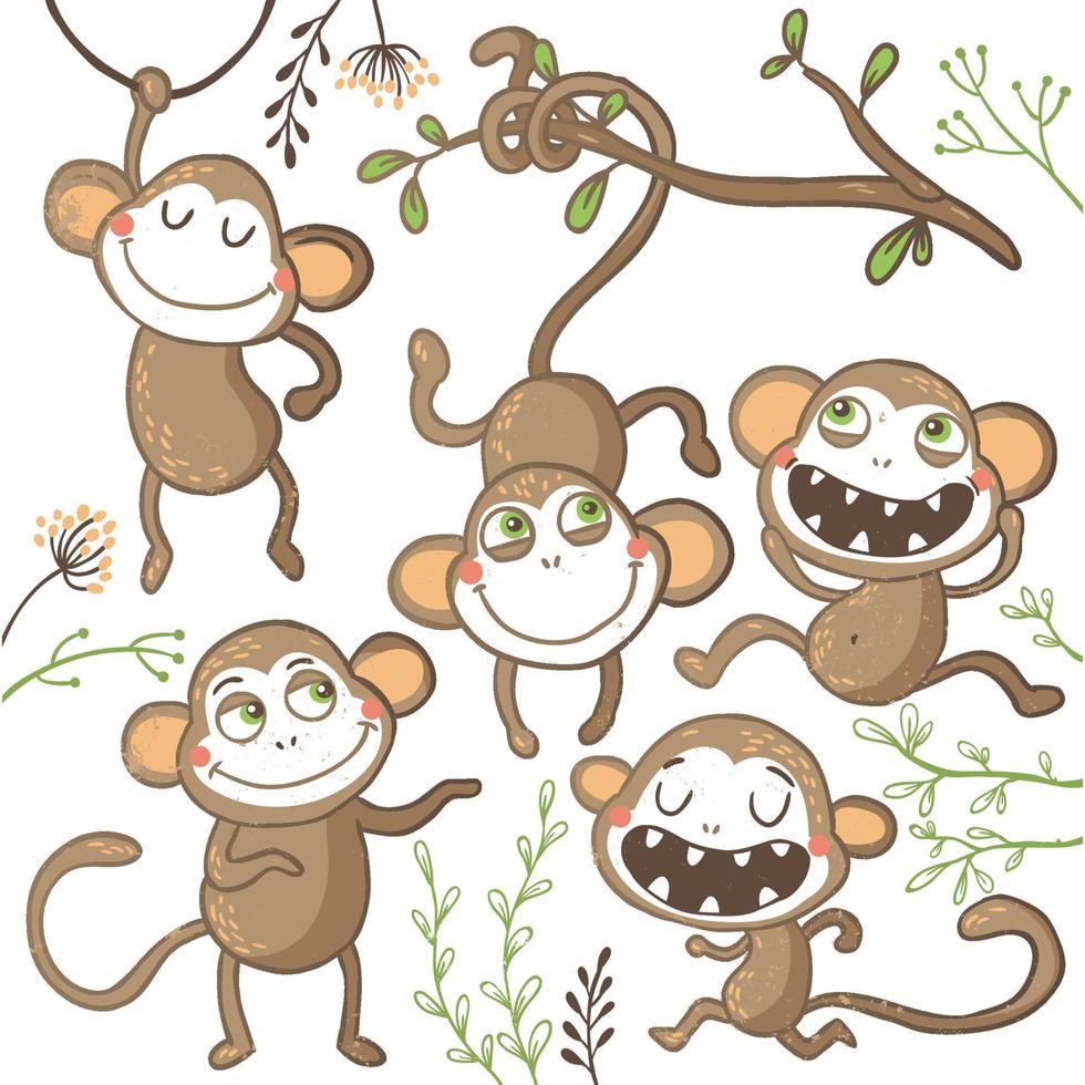 Set of funny hand drawn monkeys, vector