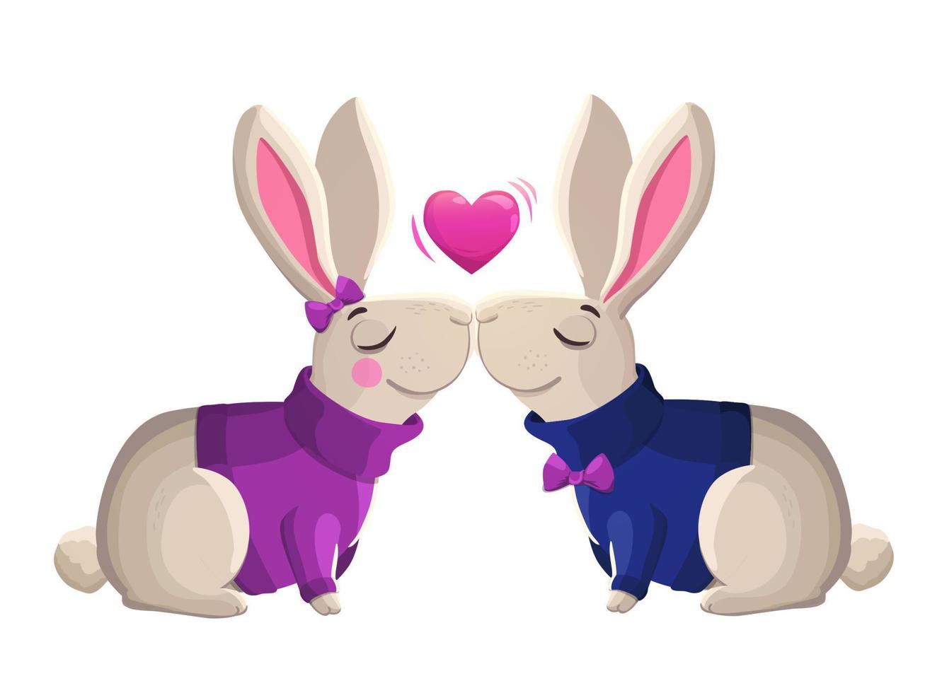 Two kissing rabbits isolated on white background. vector