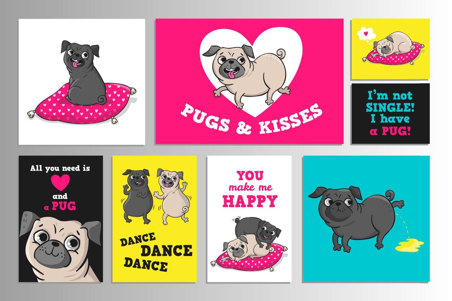 Printable set with cute pugs. vector