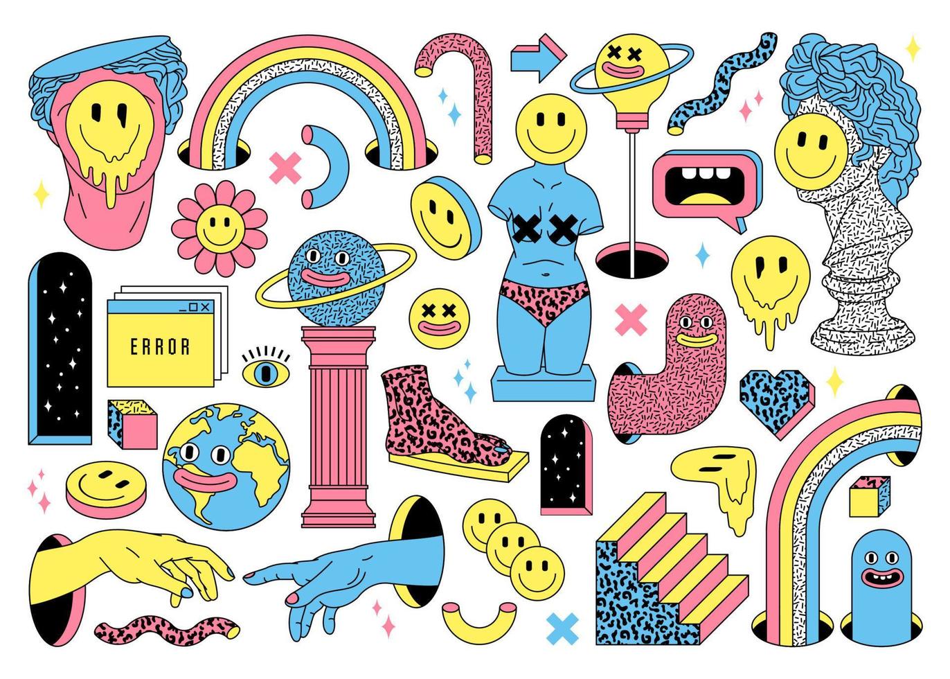 Sticker pack of funny cartoon characters, statues, smile and surreal element in psychedelic style. vector