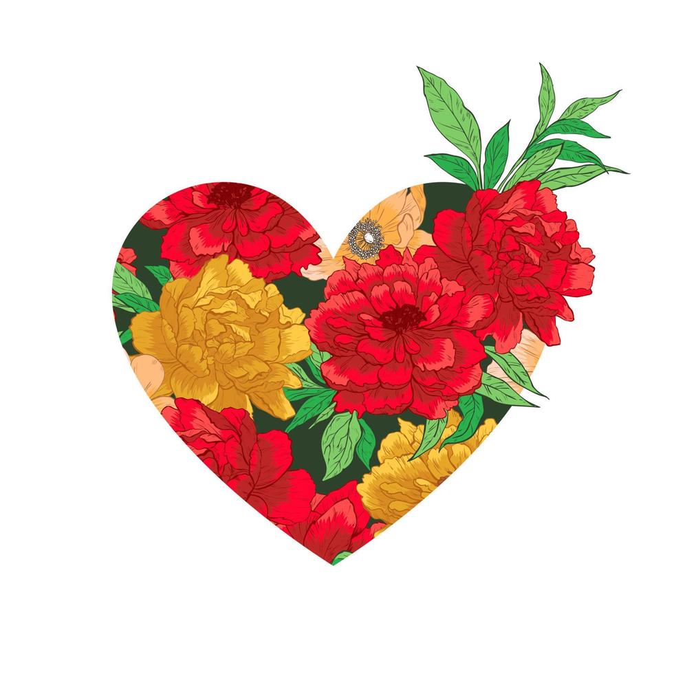 Heart with leaves and flowers. vector