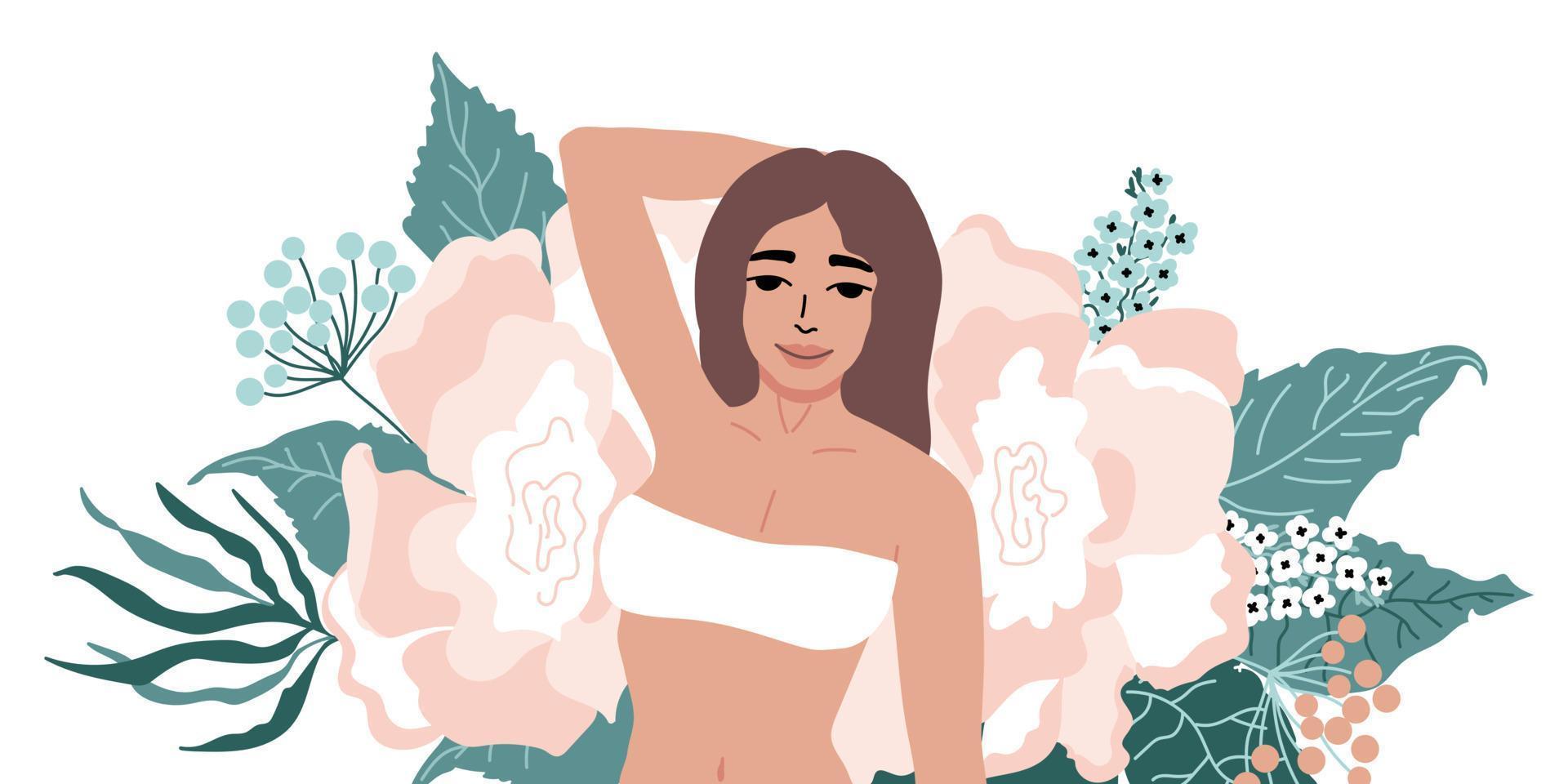 Young woman in a bra. The topic of depilation of armpits. Female beauty.  Abstact flowers and leaves. Healthy Skin. Vector illustration