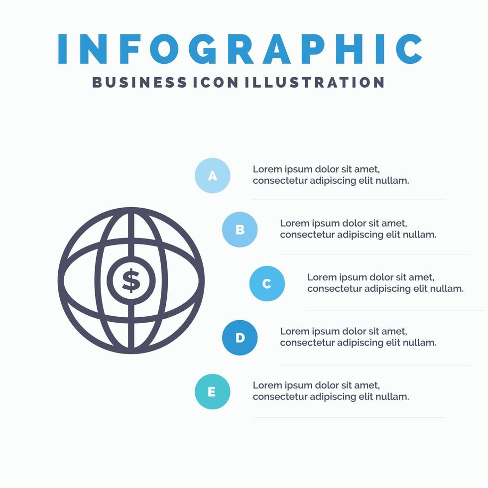 icono de línea de dólar de internet de globo terráqueo con fondo de infografía de presentación de 5 pasos vector