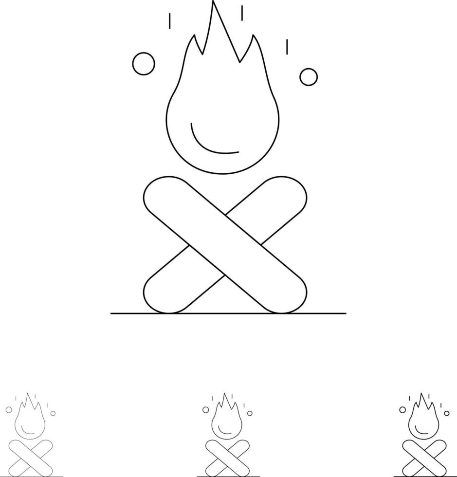 Bonfire Campfire Camping Fire Bold and thin black line icon set vector