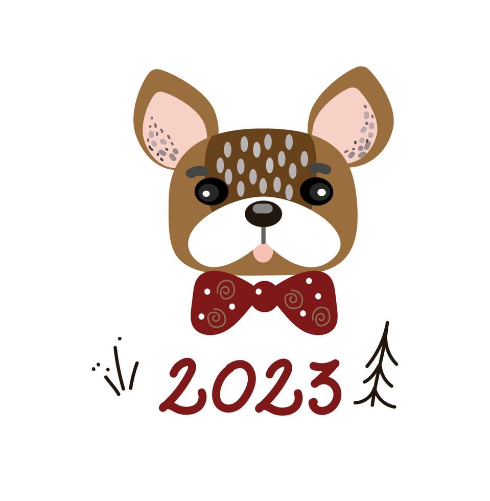 postal navideña de perro bulldog, afiche de diseño de vacaciones. ilustración de garabato de dibujos animados divertidos. feliz año nuevo. vector