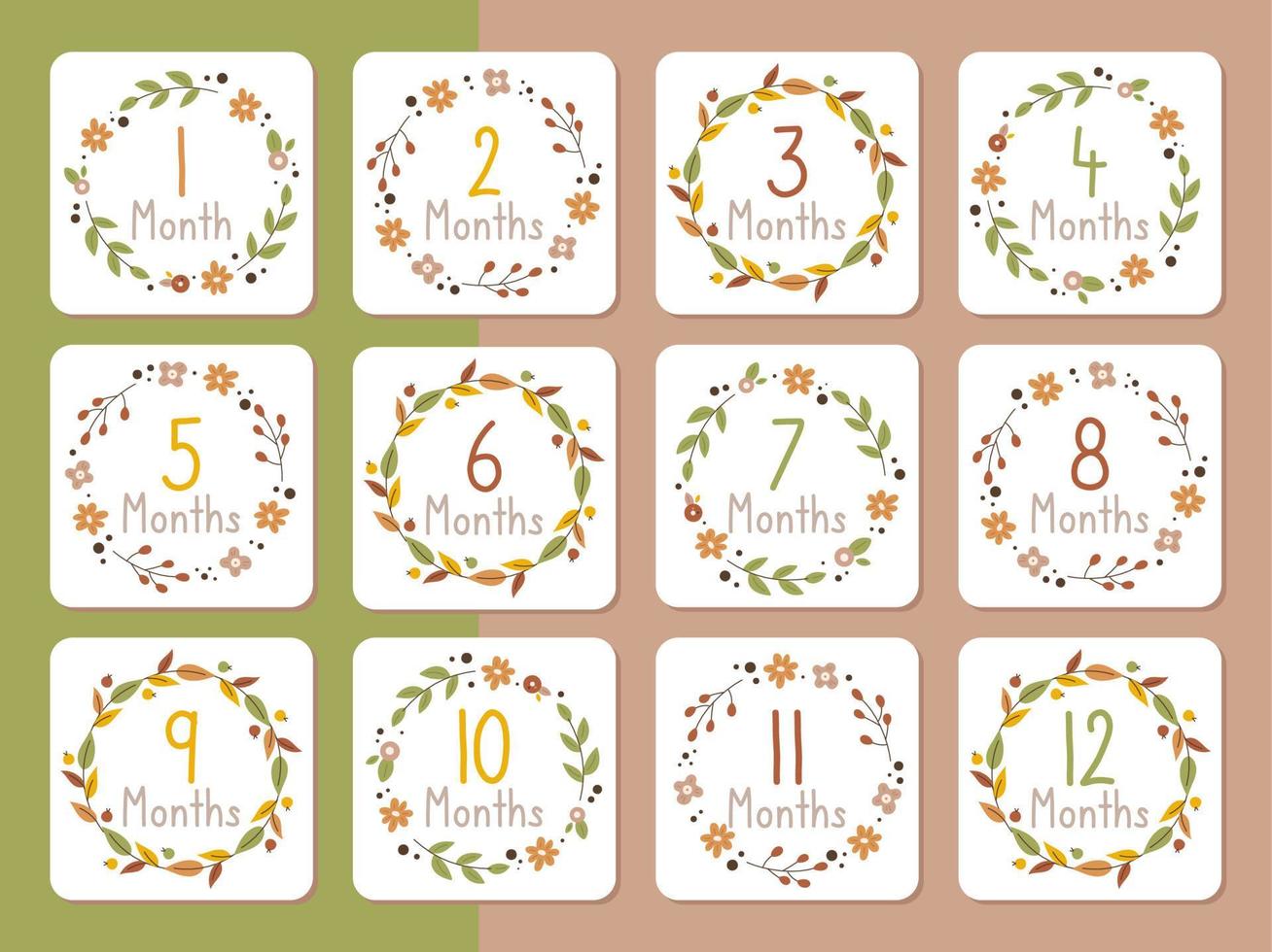 Set of Baby Milestone Month Cards in flower wreath on isolated background. Design for postcard, greeting card, poster, concept, flyer, card vector