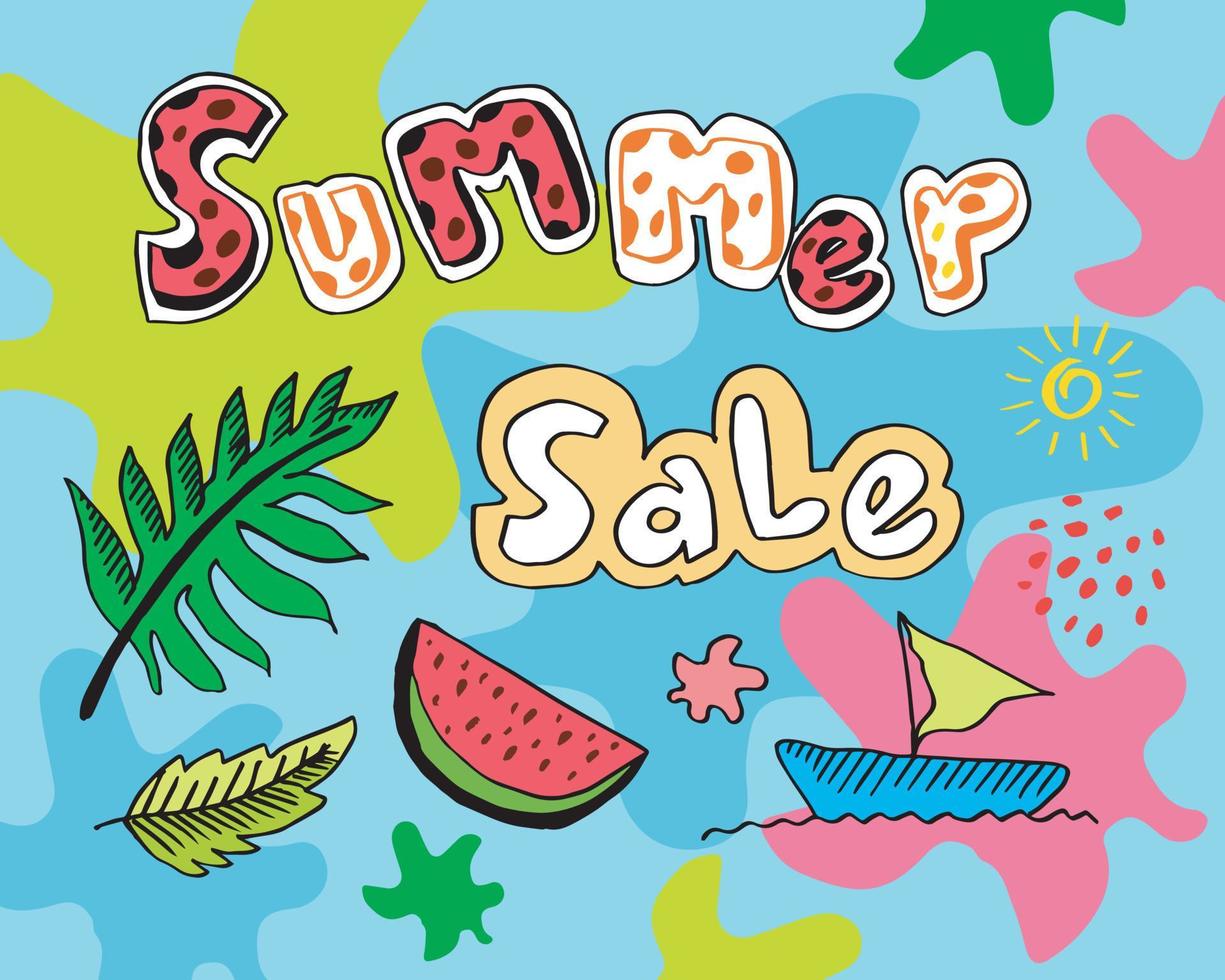 Summer sale banner template.An abstract summer with palm leaves and hand drawn leaves. Tropical background. Promo badge for your seasonal designs. vector