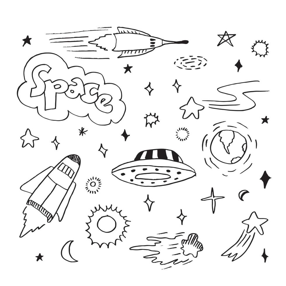 Space doodle vector elements.hand draw set of space icon on white background.