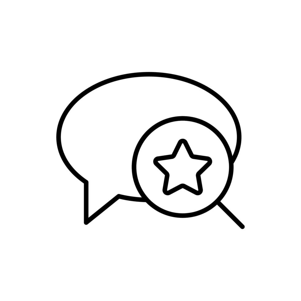 Simple vector isolated pictogram drawn with black thin line. Editable stroke for web sites, adverts, stores, shops. Vector line icon of star in loupe by speech bubble