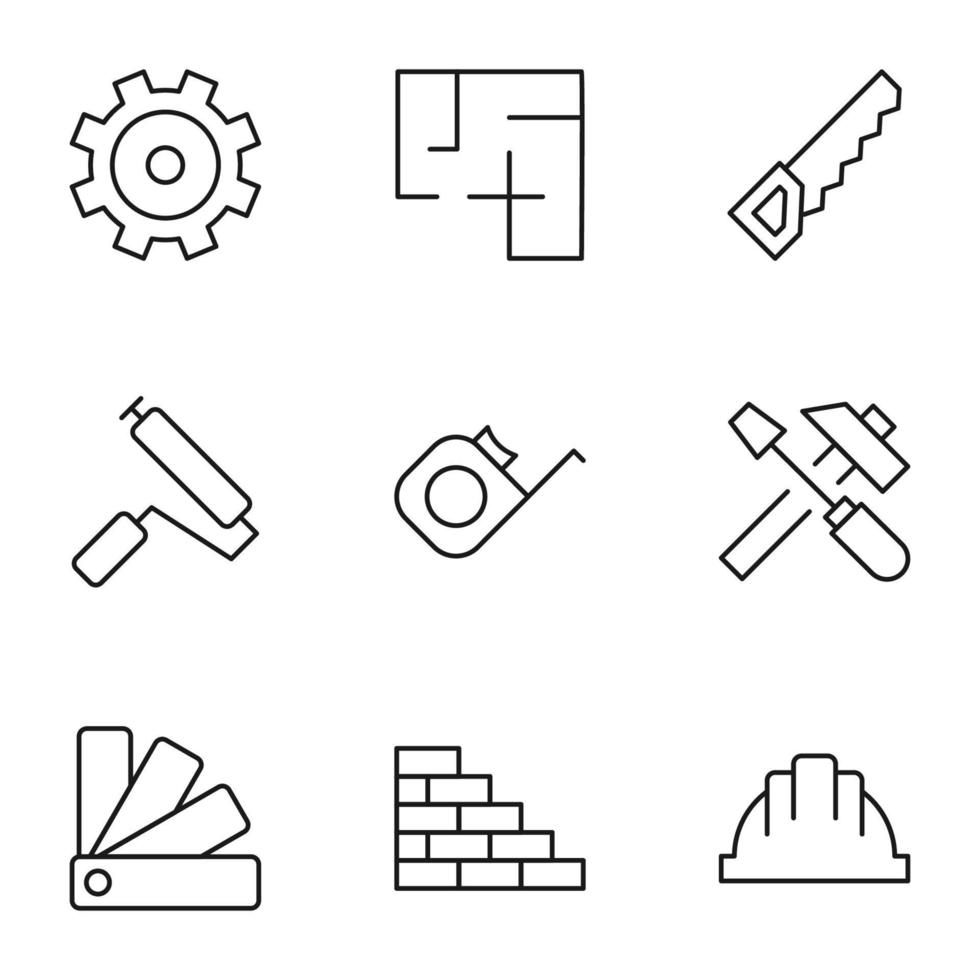 Collection of isolated vector line icons for web sites, adverts, articles, stores, shops. Editable strokes. Signs of gear, brick wall, saw, paint roller, measure tape