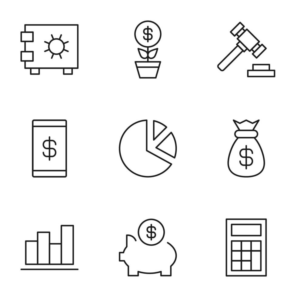 Collection of isolated vector line icons for web sites, adverts, articles, stores, shops. Editable strokes. Signs of safe, money tree, gavel, dollar, pie chart, progress, calculator