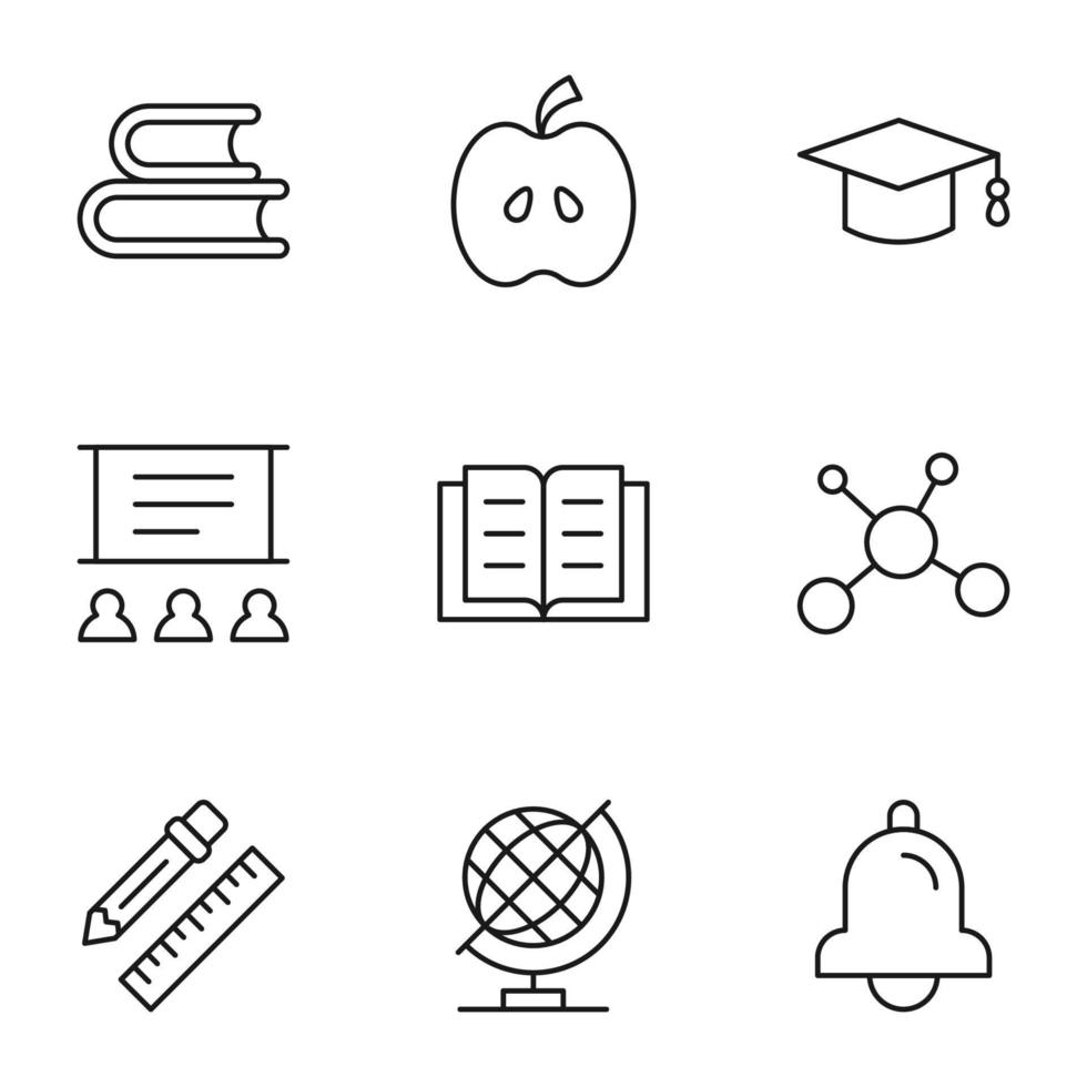 Collection of isolated vector line icons for web sites, adverts, articles, stores, shops. Editable strokes. Signs of books, apple, academic square cap, auditorium, lesson