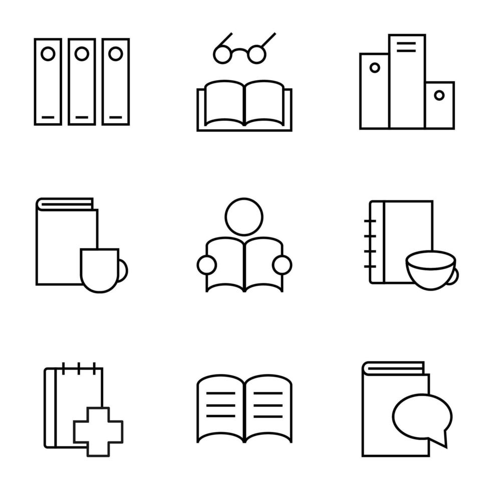 Collection of isolated vector line icons for web sites, adverts, articles, stores, shops. Editable strokes. Signs of stack of documents, reader, cup by book, first aid, speech bubble by book