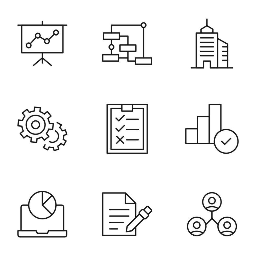Collection of isolated vector line icons for web sites, adverts, articles, stores, shops. Editable strokes. Signs of presentation board, tree or mind map, skyscraper