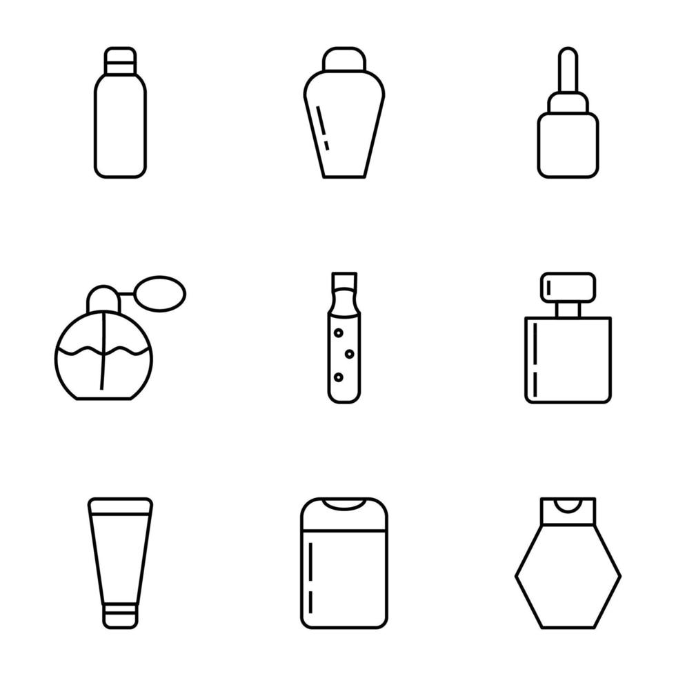 Collection of isolated vector line icons for web sites, adverts, articles, stores, shops. Editable strokes. Signs of various bottles of shampoo, gel, perfume, liquid soap