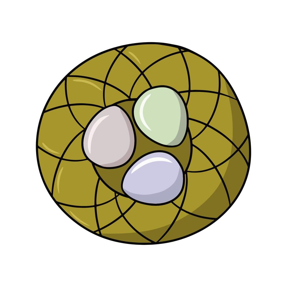 Decorative wicker basket with eggs, top view, vector illustration in cartoon style on a white background