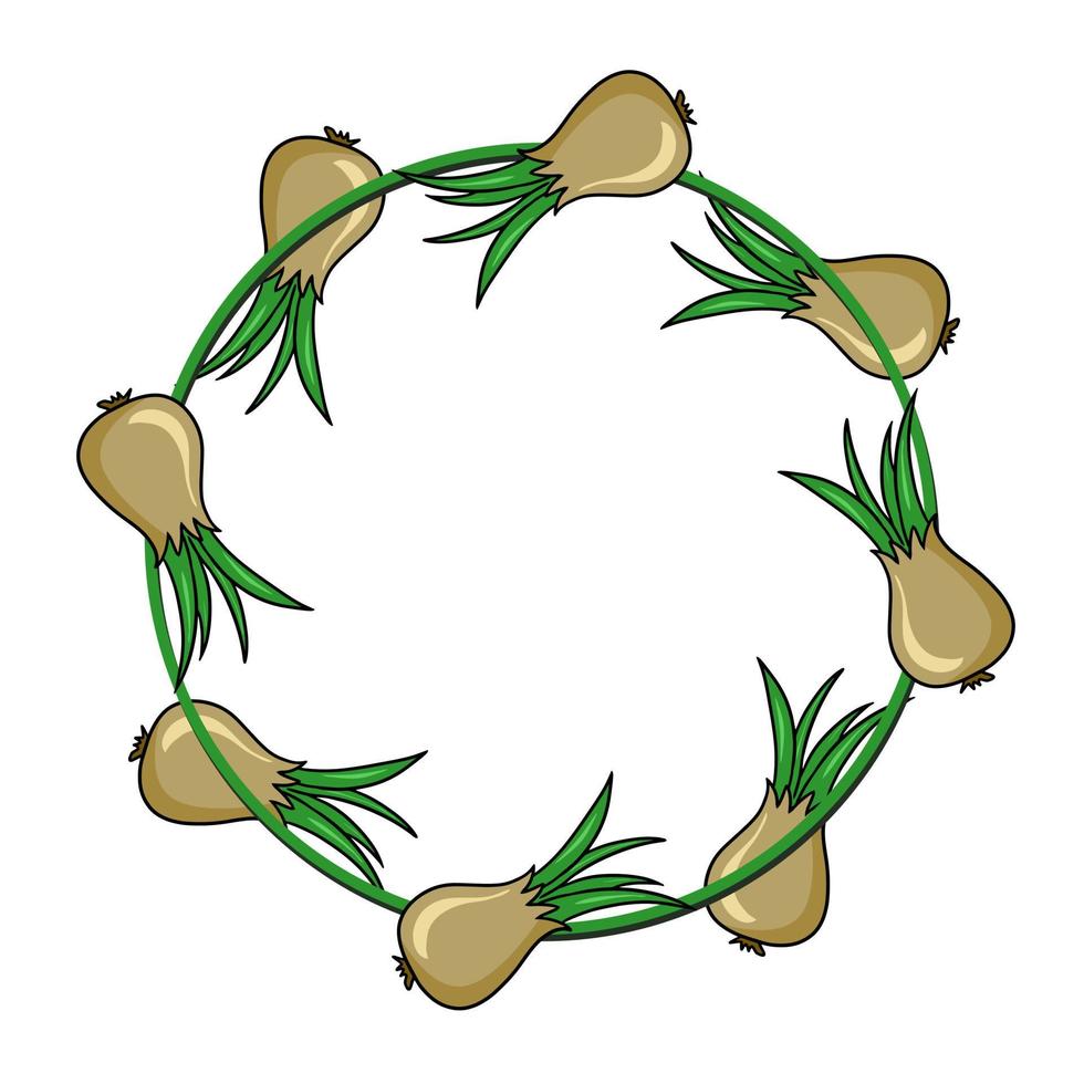 Round frame, ripe vegetables, golden onion, copy space, vector illustration in cartoon style