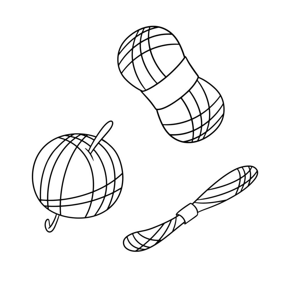 Monochrome icon set, a ball of knitting thread with a metal hook, yarn, vector illustration in cartoon style