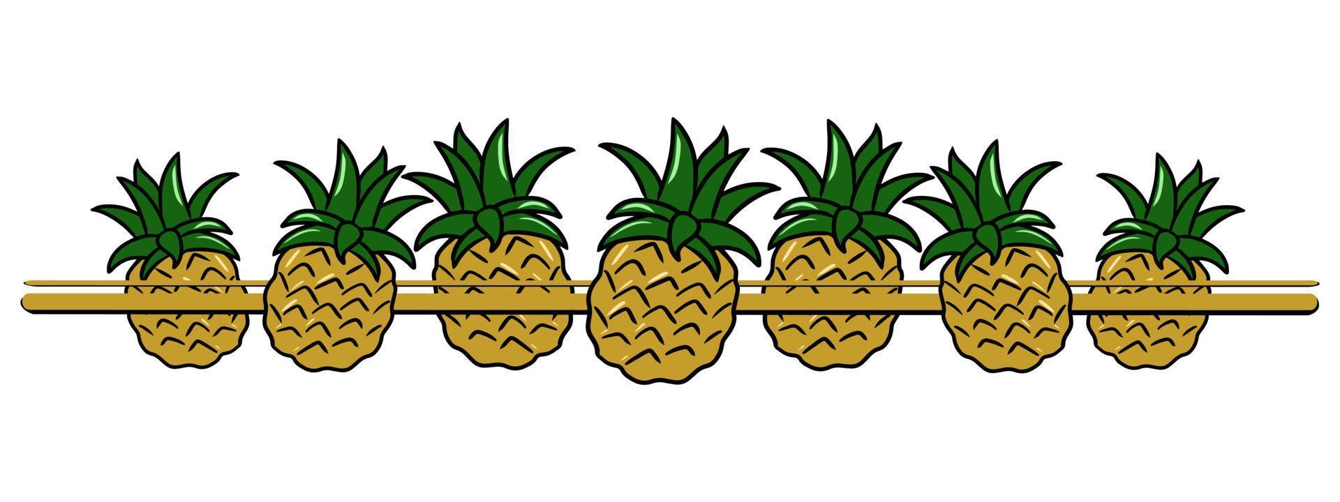 Horizontal border, edge, bright yellow pineapple fruit , cartoon-style vector illustration on a white background