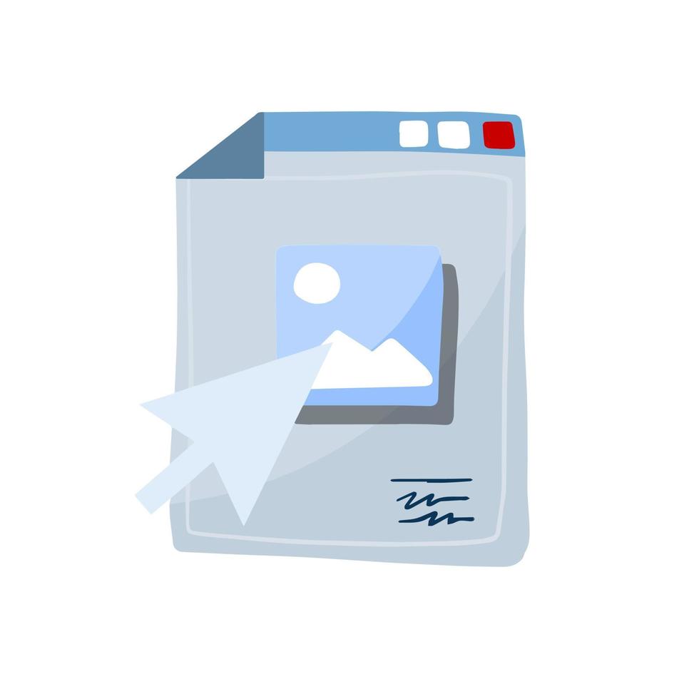 Image on web page. Click cursor pointer on website. Attached document with picture. Internet and design. Flat cartoon illustration isolated on white vector