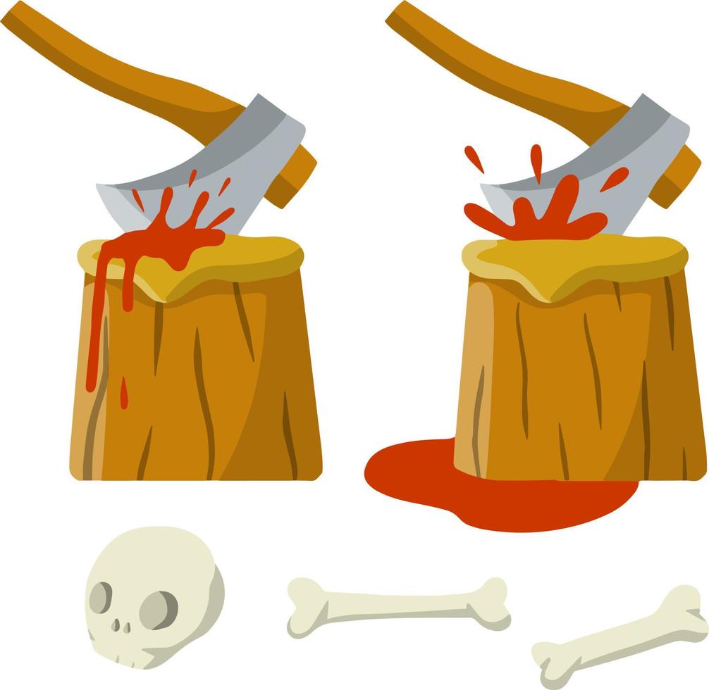 Place of execution. Axe and tree stump with blood. Skull and bones of dead man. Medieval punishment. Element of Halloween. Wooden log and weapon. Flat cartoon vector