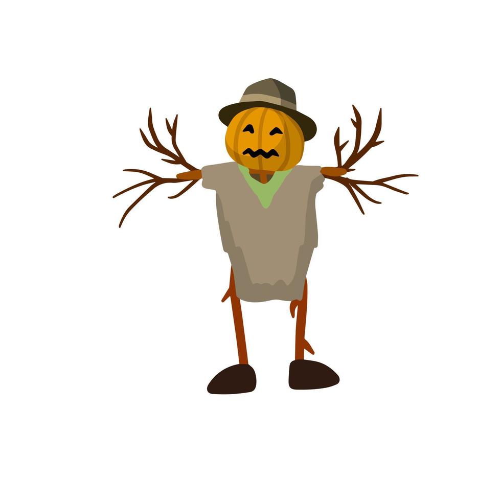 Scarecrow with a pumpkin head. Funny bogeyman with hat. A fabulous Halloween Character. Old clothes and a stick. Flat cartoon illustration vector