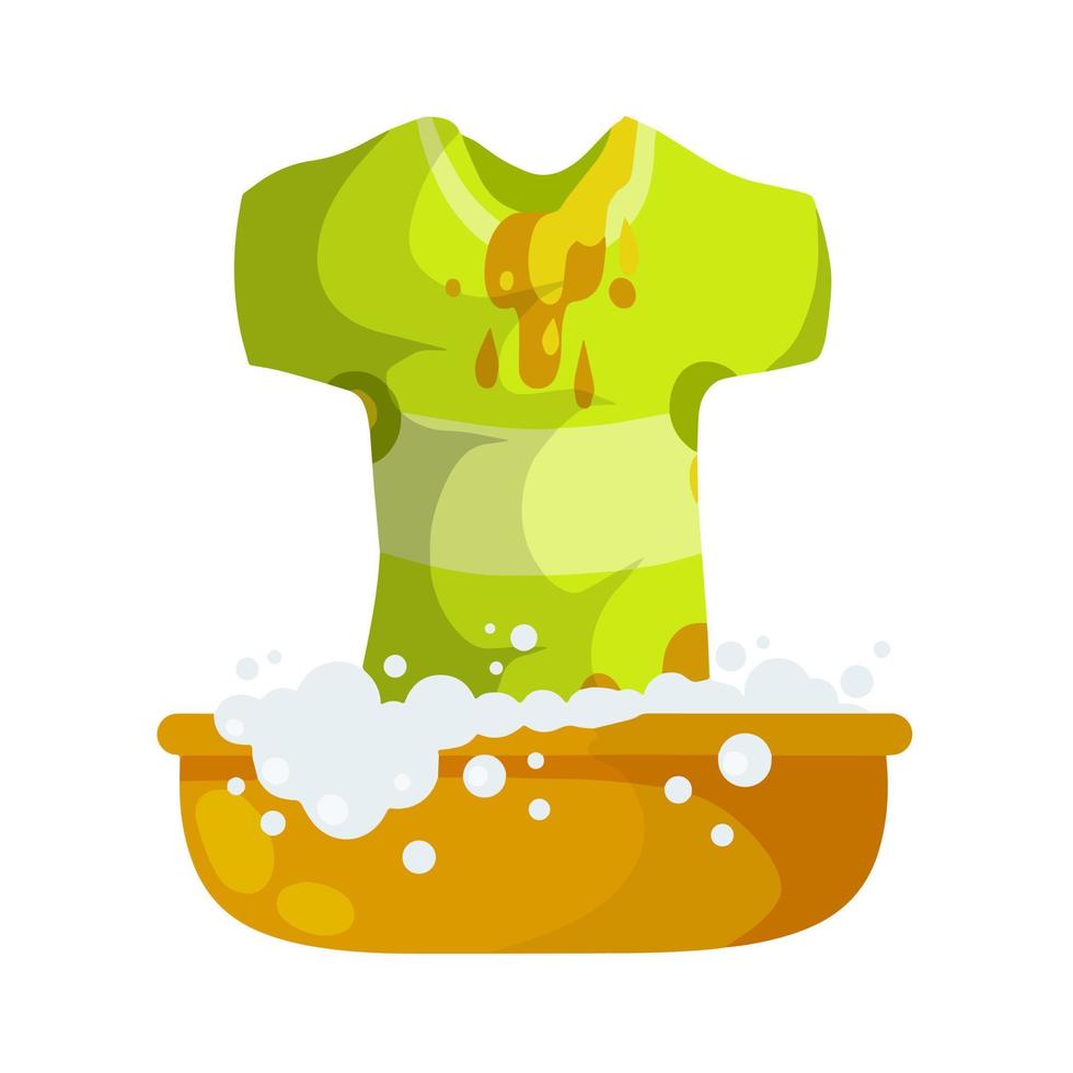 Washing dirty clothes. T-shirt with spots. Basin of soap suds. Cleanliness and cleaning. Flat cartoon concept. Detergent and Laundry vector