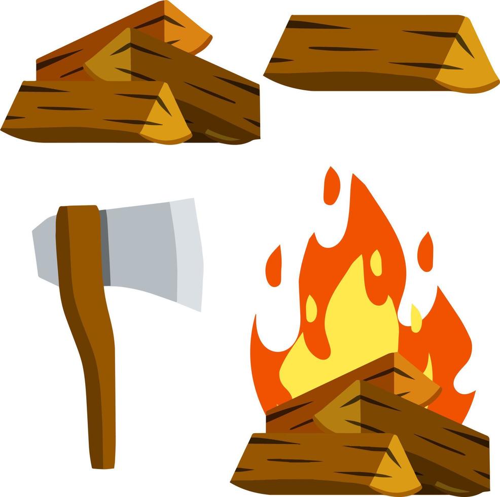 Fire and wood. Tourist camp. Axe for chopping logs. Element of summer activity and Hiking. Brown rustic firewood and campfire. Cartoon flat illustration isolated on white vector