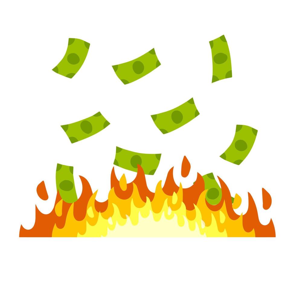 el dinero está en llamas. concepto de la crisis económica. la llama y la quema de los billetes. pérdida de dinero en efectivo. ilustración plana de dibujos animados aislado en blanco vector
