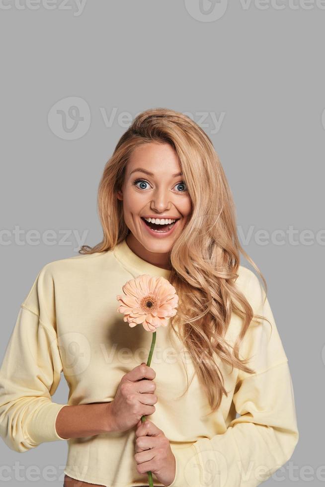 Surprised young smiling woman holding a flower and looking at camera while standing against grey background photo