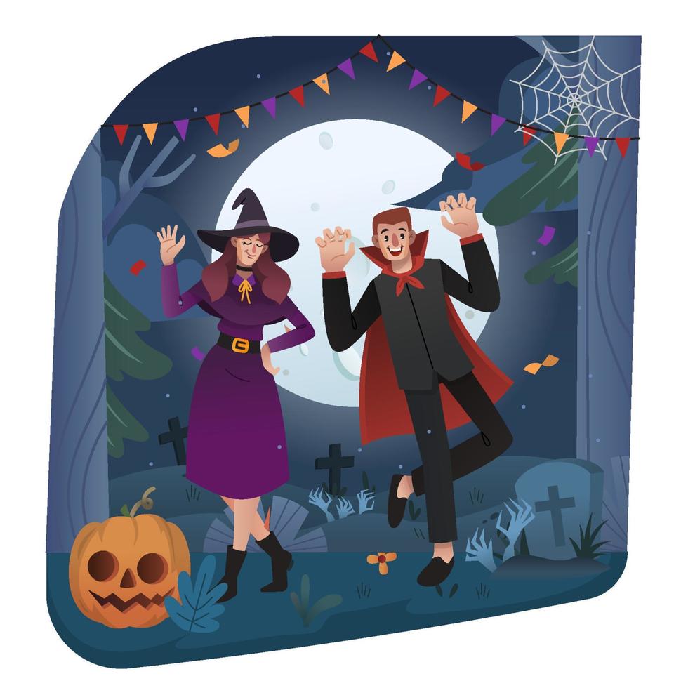 pose de pareja en la noche de halloween vector