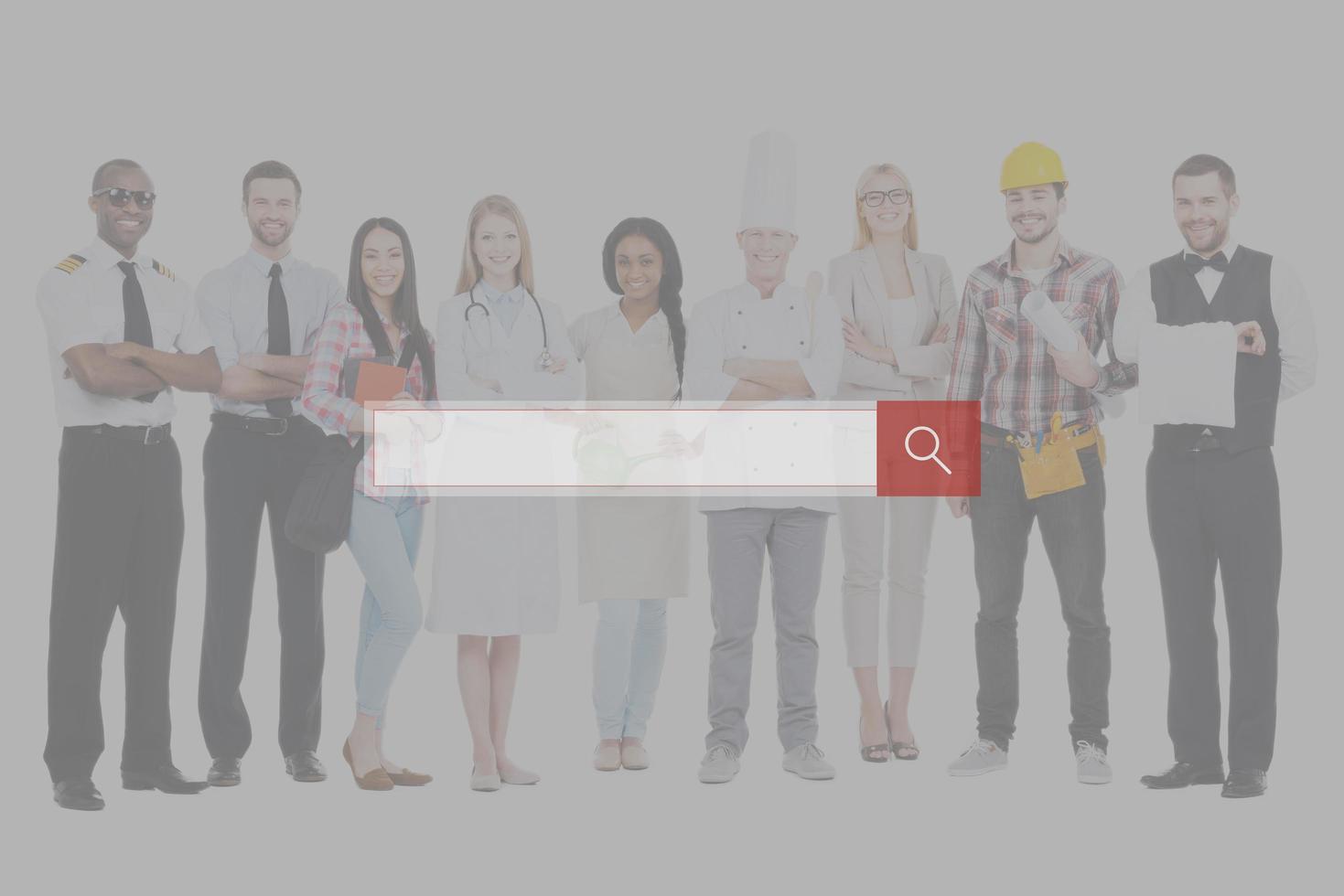 Job search. Group of diverse people in different occupations standing close to each other and against white background and smiling photo