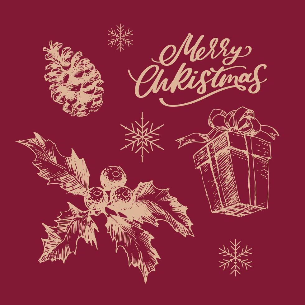 Merry Christmas. Happy New Year, 2023. Typography set. Vector logo, emblems, text design. Usable for banners, greeting cards, gifts etc.