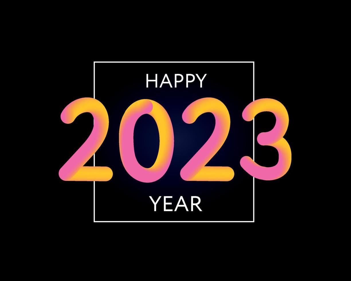 Happy new year 2023 future metaverse neon text neon with metal effect, numbers and futurism lines. Vector greeting card, banner, congratulation poster 3d illustration. Modern trendy electronic light