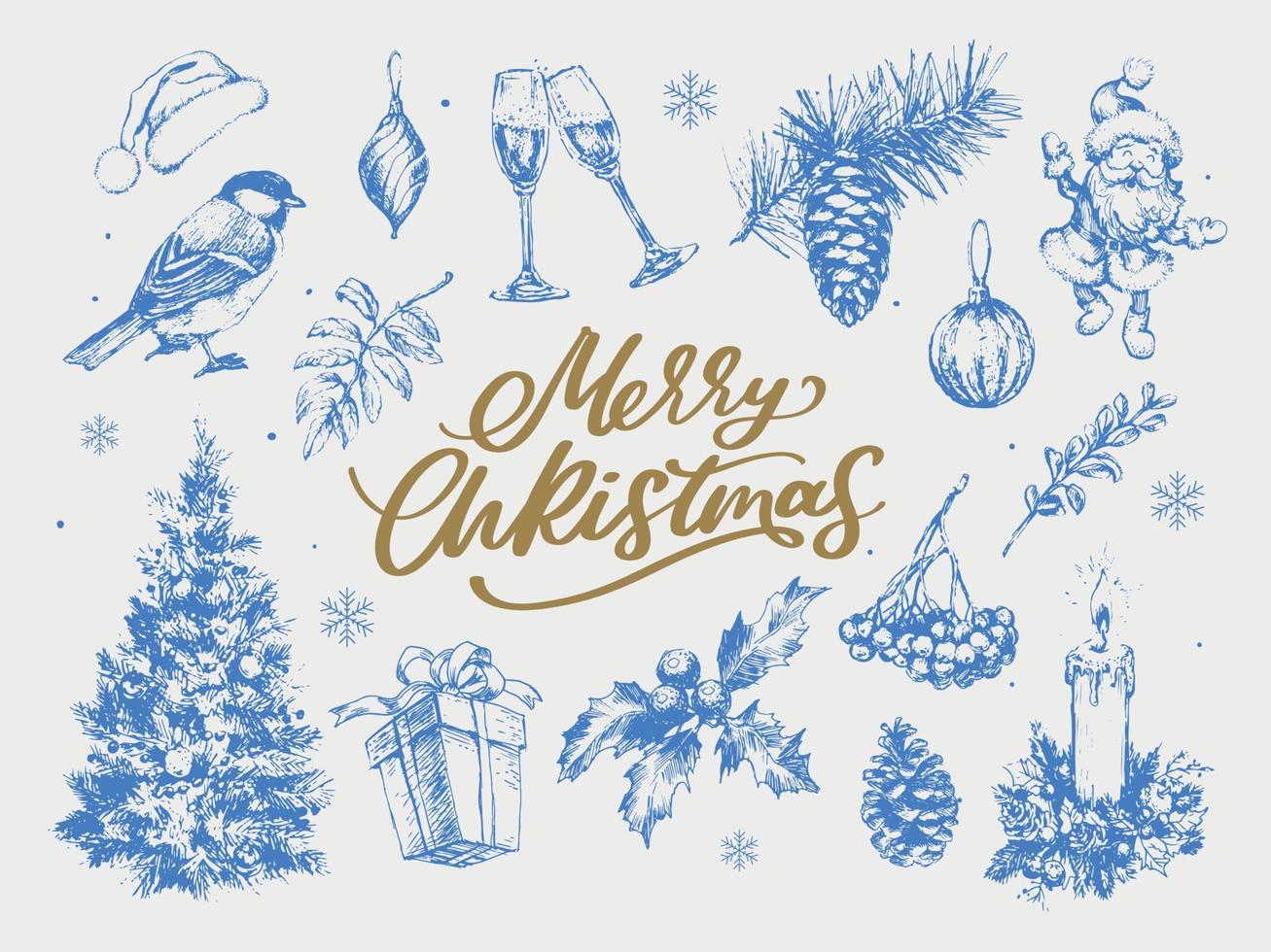 Merry Christmas. Happy New Year, 2023. Typography set. Vector logo, emblems, text design. Usable for banners, greeting cards, gifts etc.