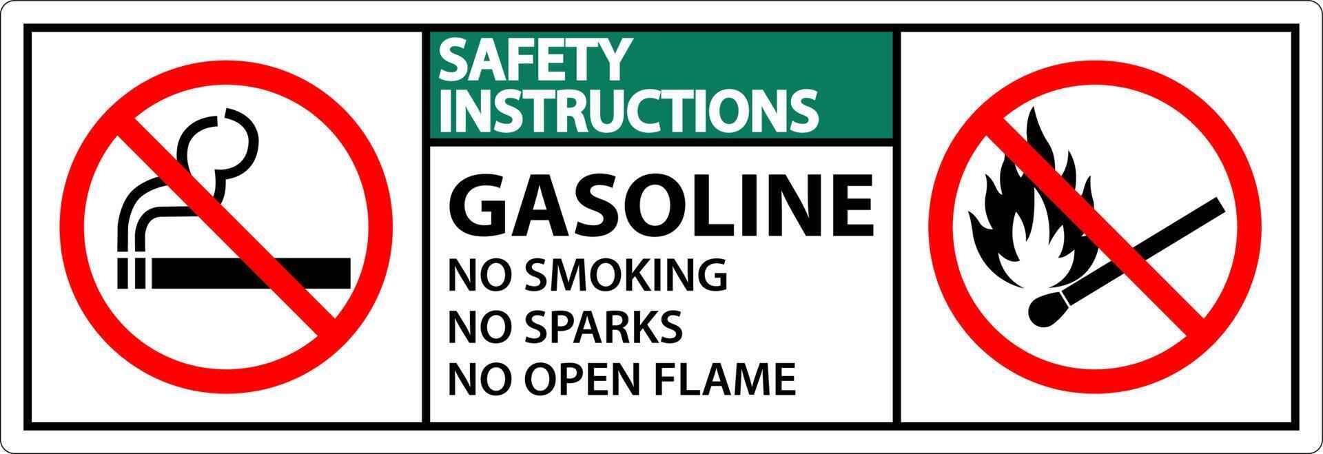 Safety Instructions Gasoline No Smoking Sparks Or Open Flames Sign vector