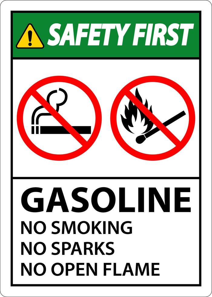 seguridad primero gasolina no fumar chispas o llamas abiertas firmar vector