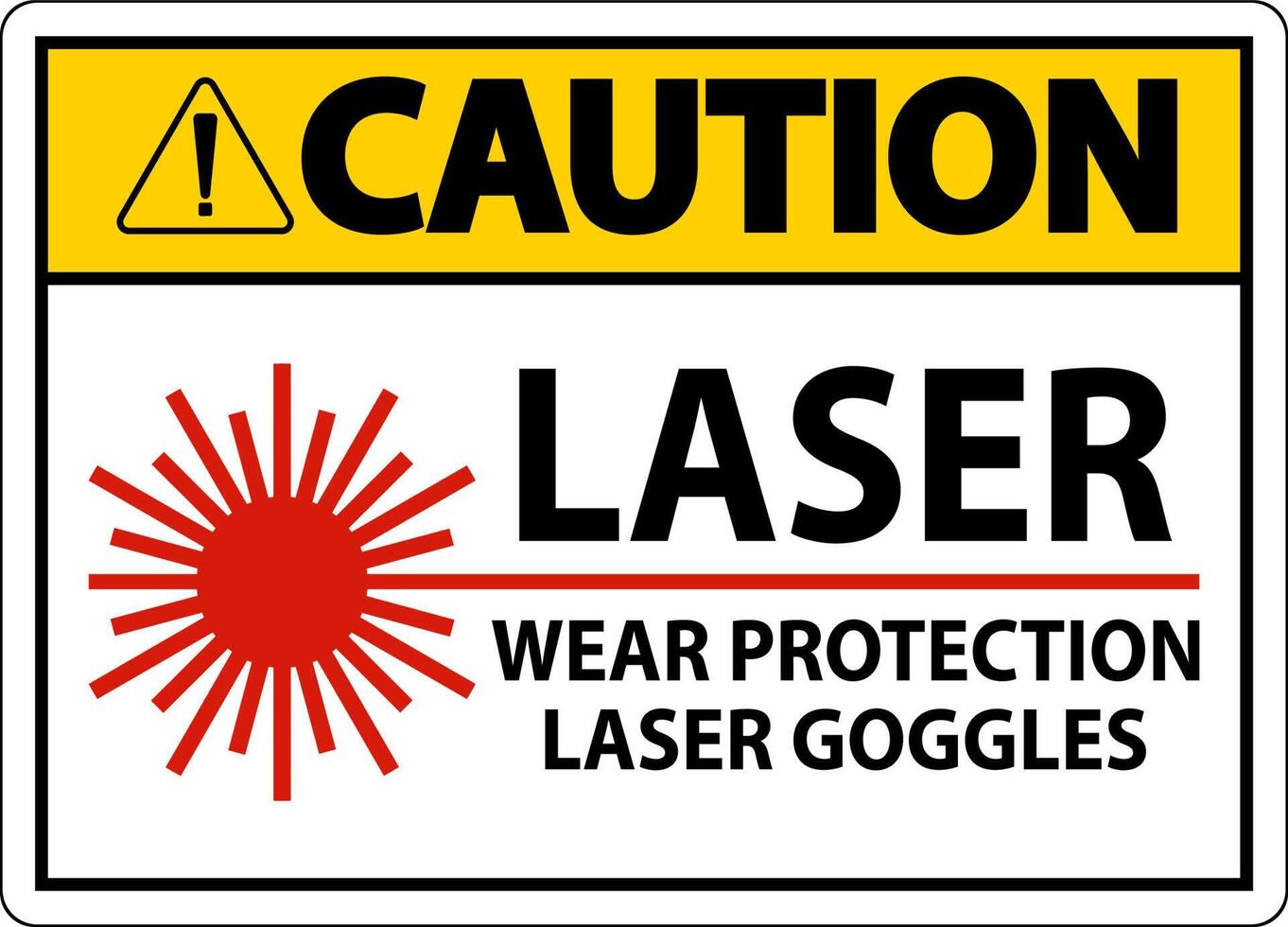 Precaución desgaste láser gafas protectoras láser firmar sobre fondo blanco. vector