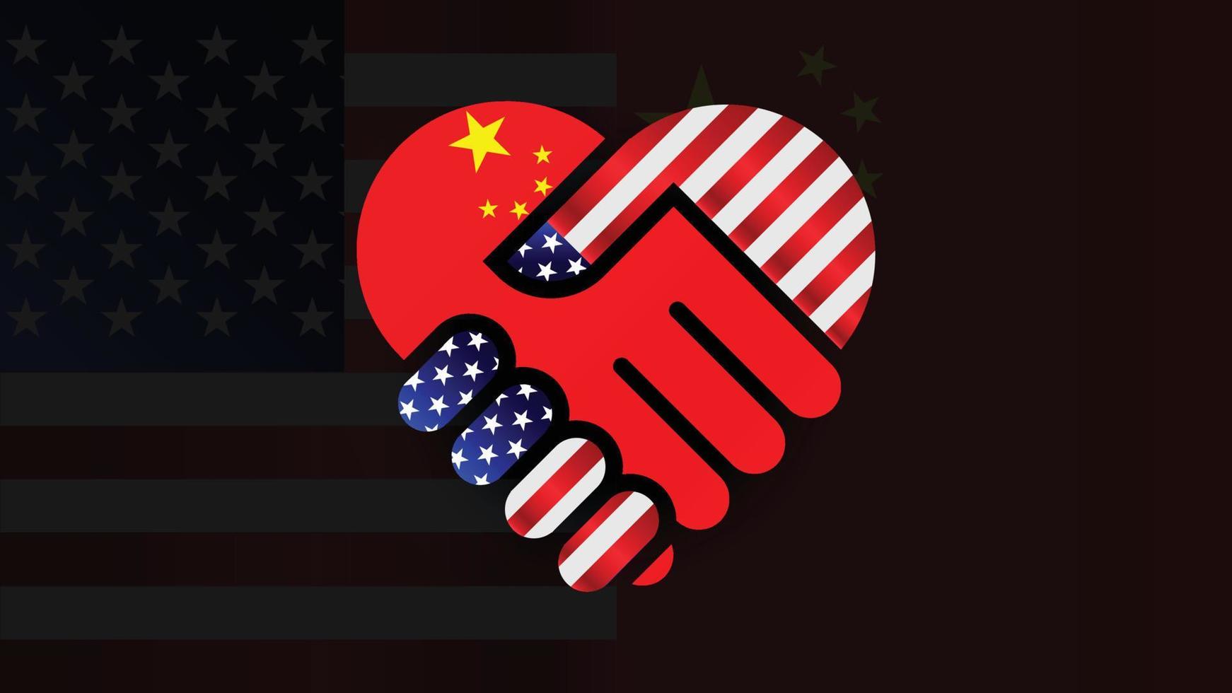 United States of America and China flags in relations handshake. Two Flags Together. Suitable use to China and america event vector