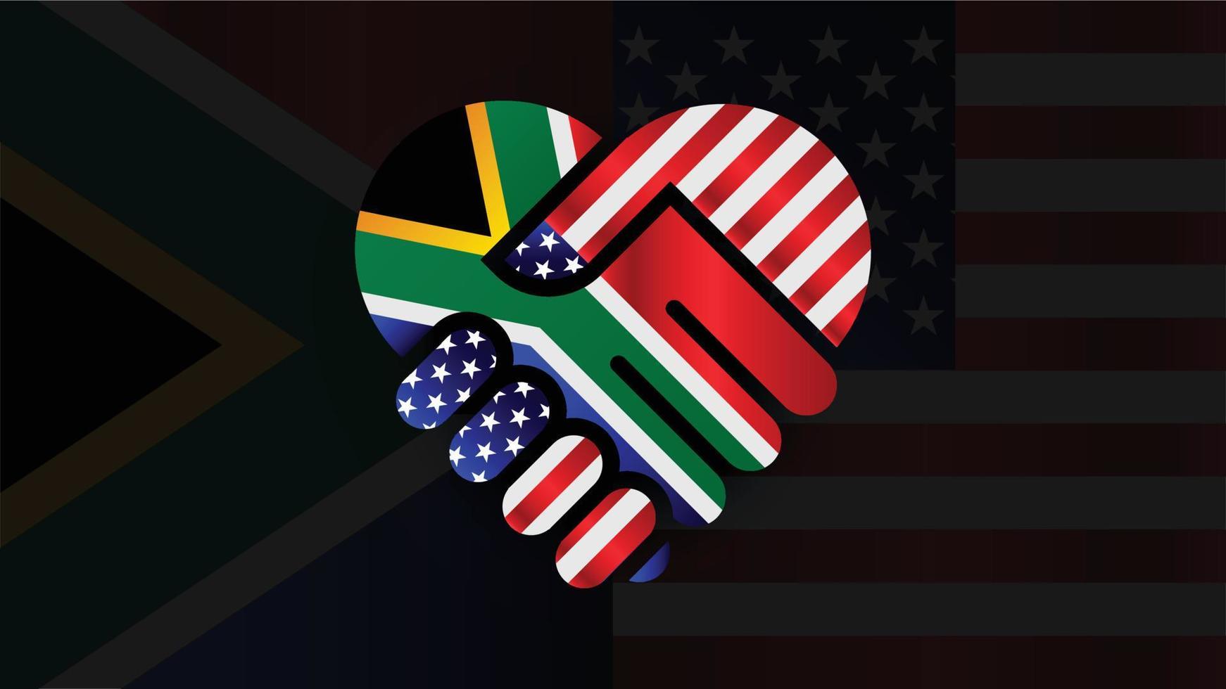 banderas de los estados unidos de américa y sudáfrica en el apretón de manos de las relaciones. dos banderas juntas. uso adecuado para eventos de sudáfrica y américa vector