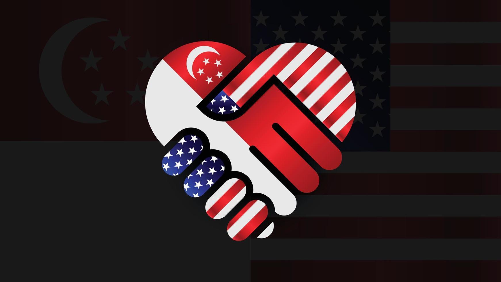 banderas de estados unidos de américa y singapur en apretón de manos de relaciones. dos banderas juntas. Uso adecuado para eventos de Singapur y América. vector